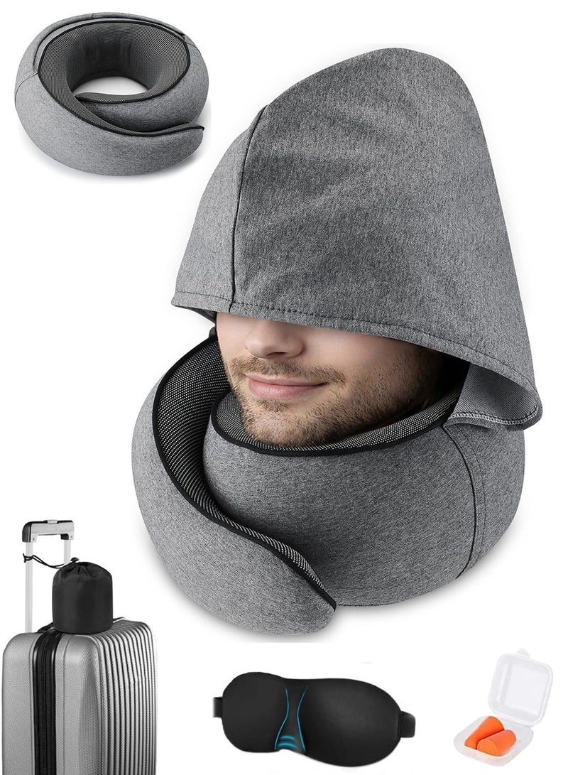 وسادة رقبة للسفر محمولة مع غطاء رأس قابل للطي، دعم مريح بزاوية 360 درجة، تصميم مقاوم للرياح، إسفنج ميموري فوم، قناع للعين وسدادات أذن، غطاء قابل للغسل - رمادي داكن - Image 1